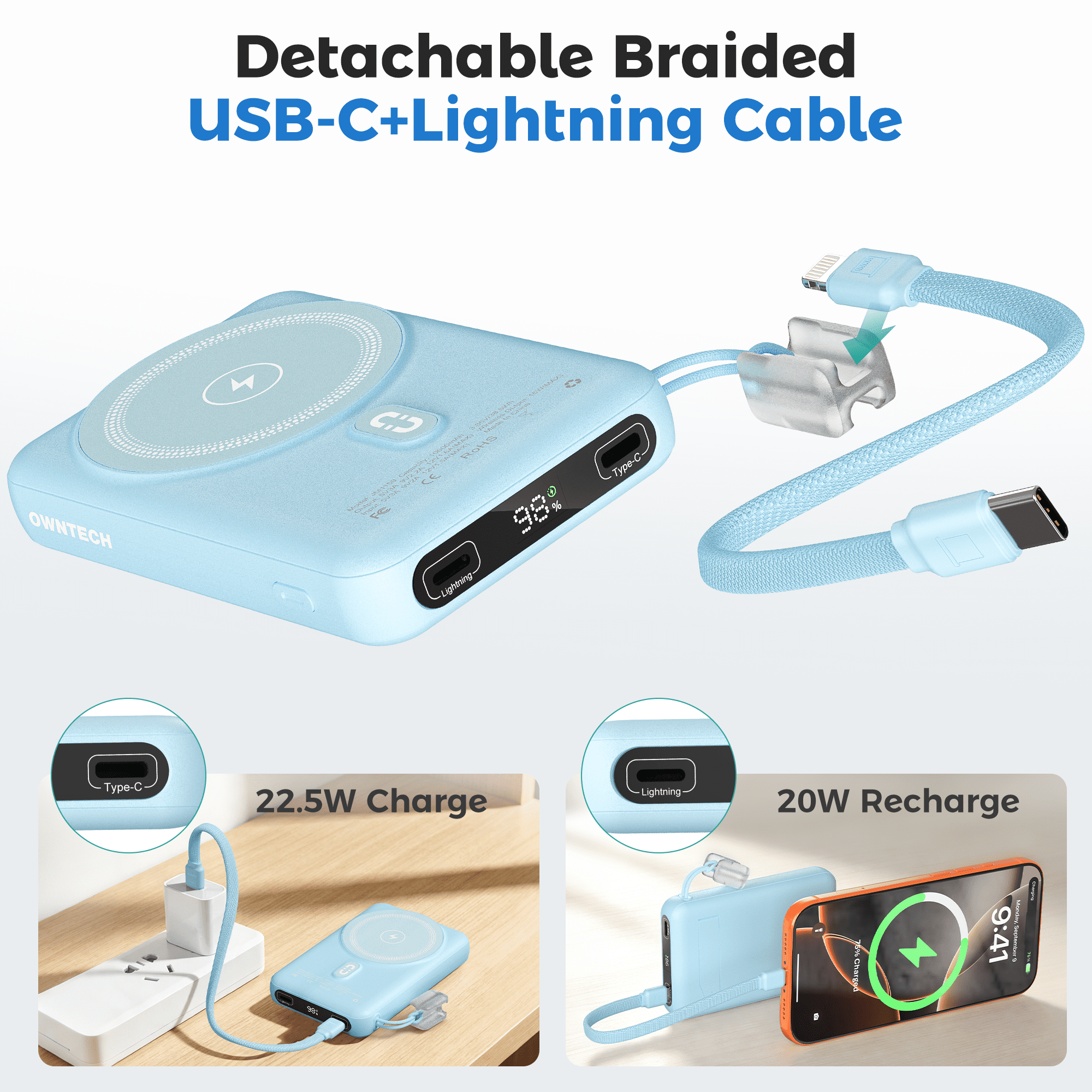OWNTECH 10000mAh Magnetic Wireless Power Bank with Smart Display, 22.5W PD Fast Charging Portable Charger, Built-in Foldable Stand & USB-C Cable Compatible with iPhone 17/16/15/14 Series (Blue)