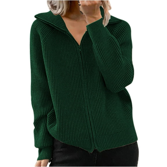 Idoravan Cardigans for Women Spring Women's New Autumn/winter Striped Thread Casual Coat Loose Knit Zipper Cardigan Long Sleeve Lapel Cardigan Tops