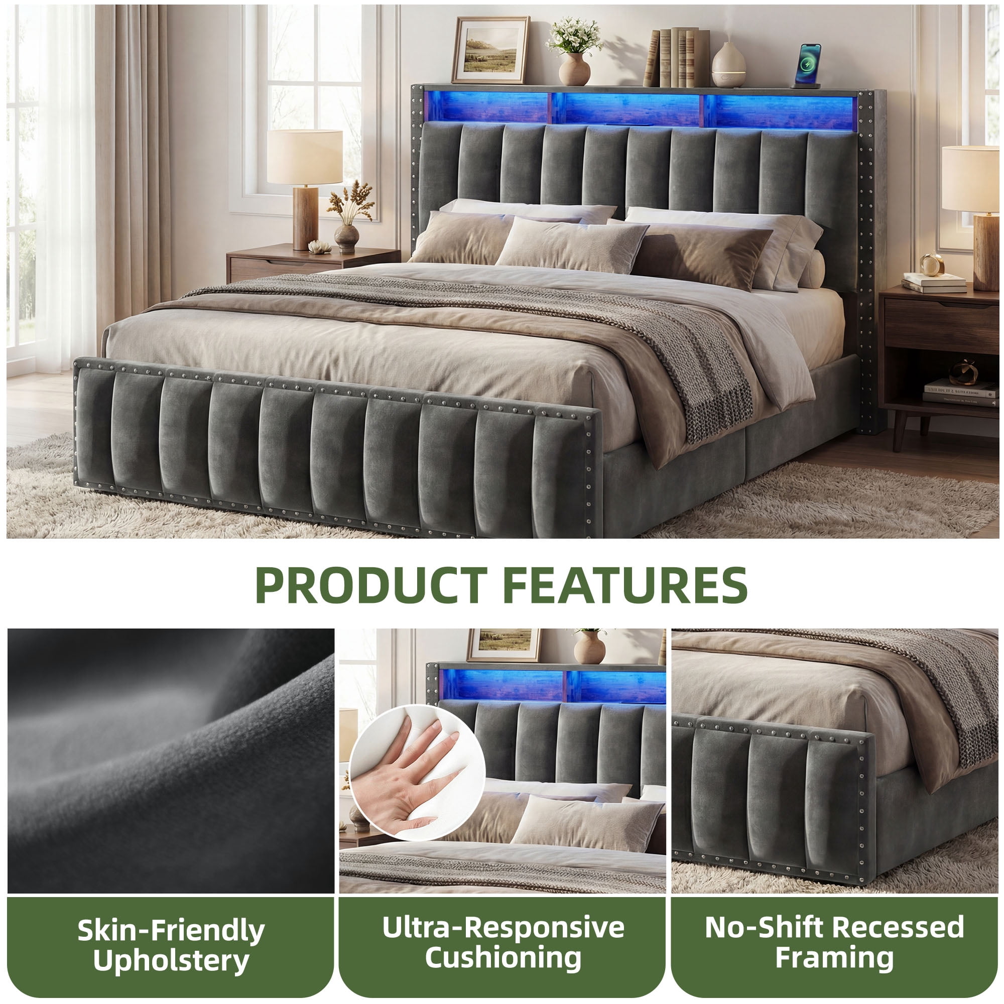 Uforic Queen Size Upholstered Platform Bed Frame, Velvet Bed with 4 Storage Drawers, RGB LED Light, Charging Station & Bookcase Headboard, Noise-Free, No Box Spring Needed, Easy Assembly, Grey