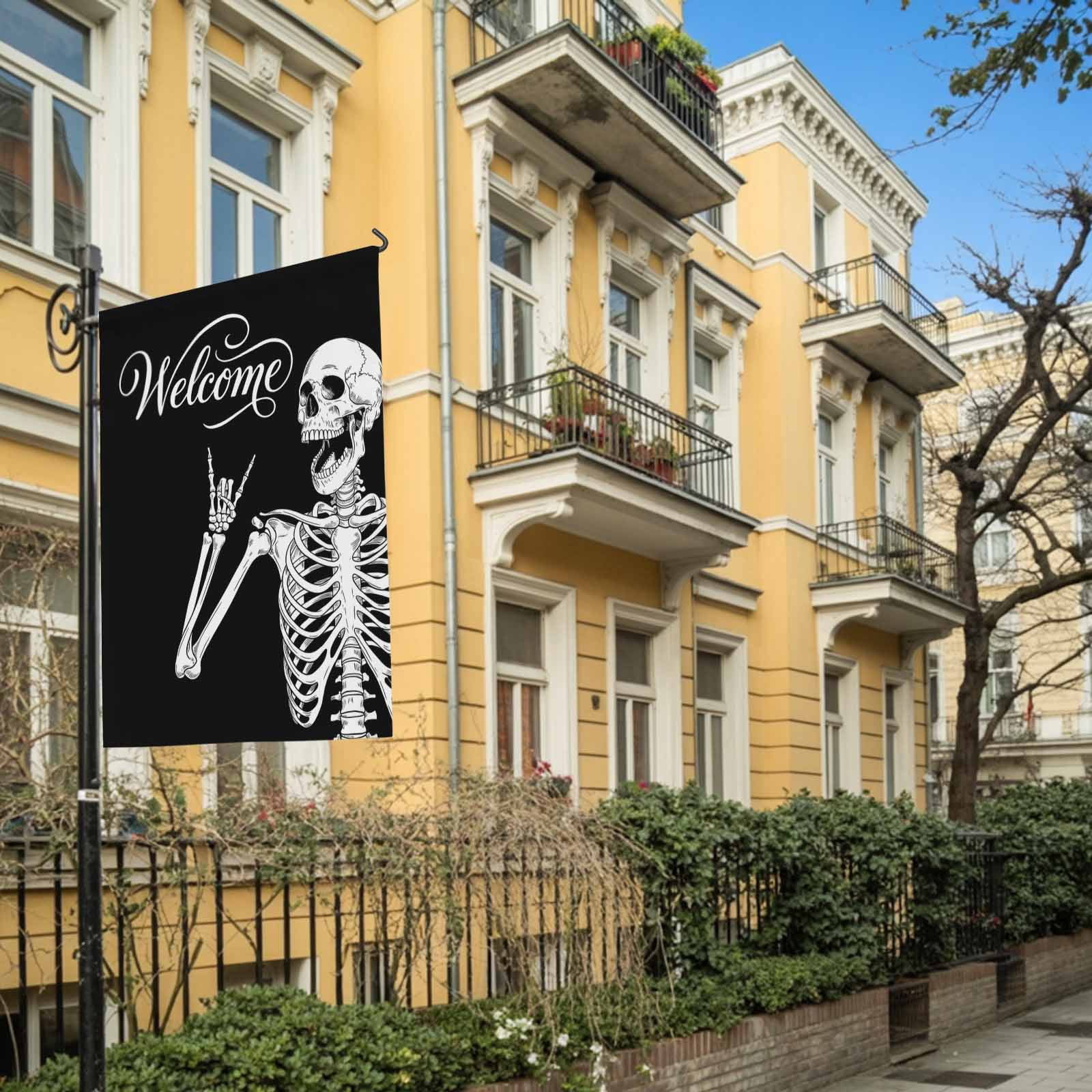 Welcome Skull House Flag 28 x 40 Inches, Funny Skeleton Abstract Black Background Weather Proof Outdoor Patio Flags Double Sided Small House Decoration for Yard Lawn Outside Home