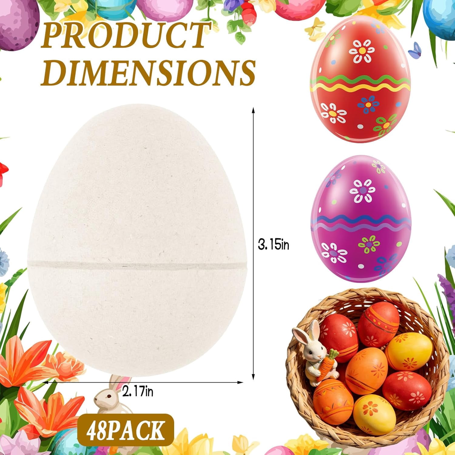 48 Pcs DIY Paper Mache Easter Eggs,3.2"x2.2"Durable Easter Eggs Empty,Cardboard Easter Eggs,Paint Your Own Paper Mache Eggs for Easter Party Gifts Basket Filler (White)