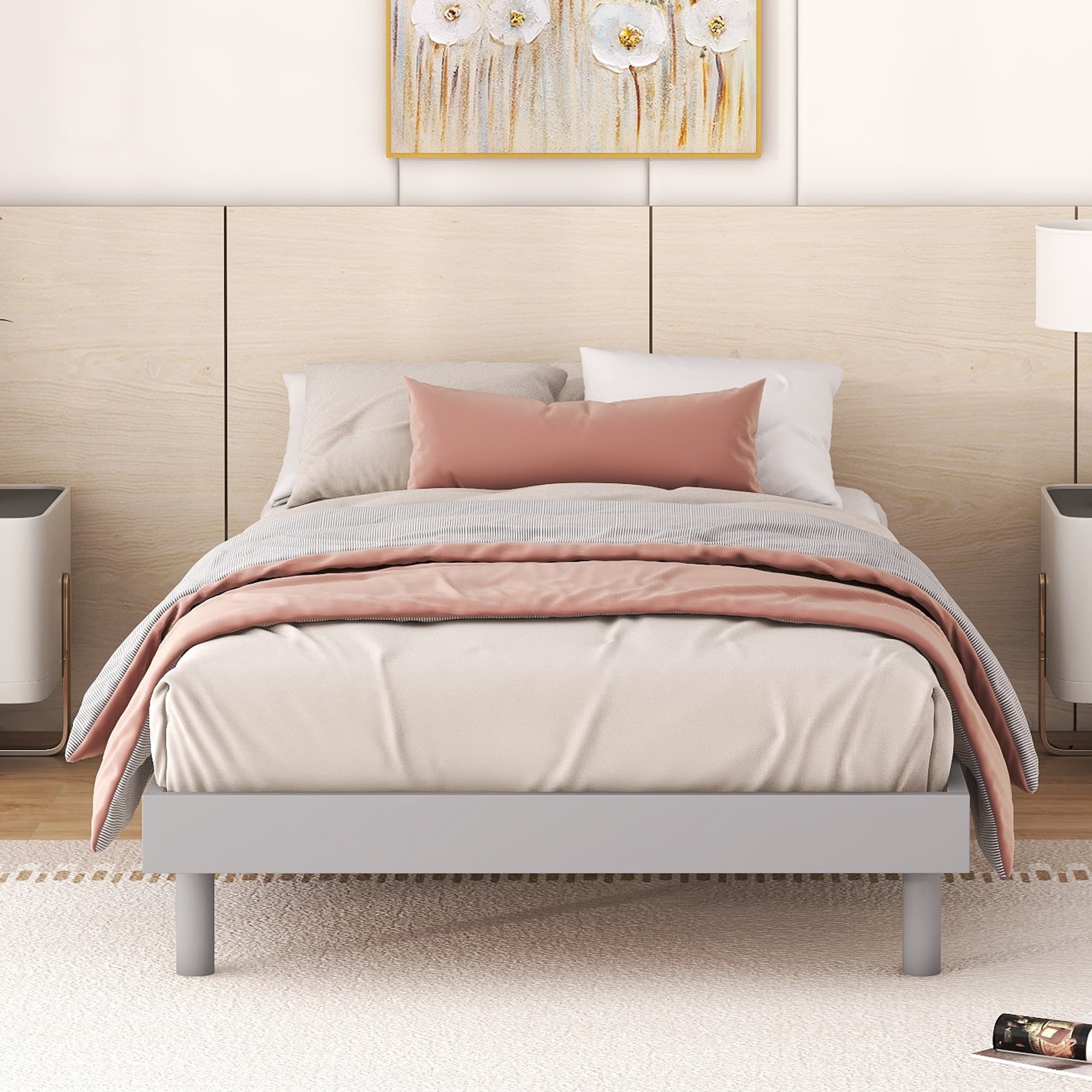Miniyam Wood Twin Size Floating Bed for Kids and Teens, Gray