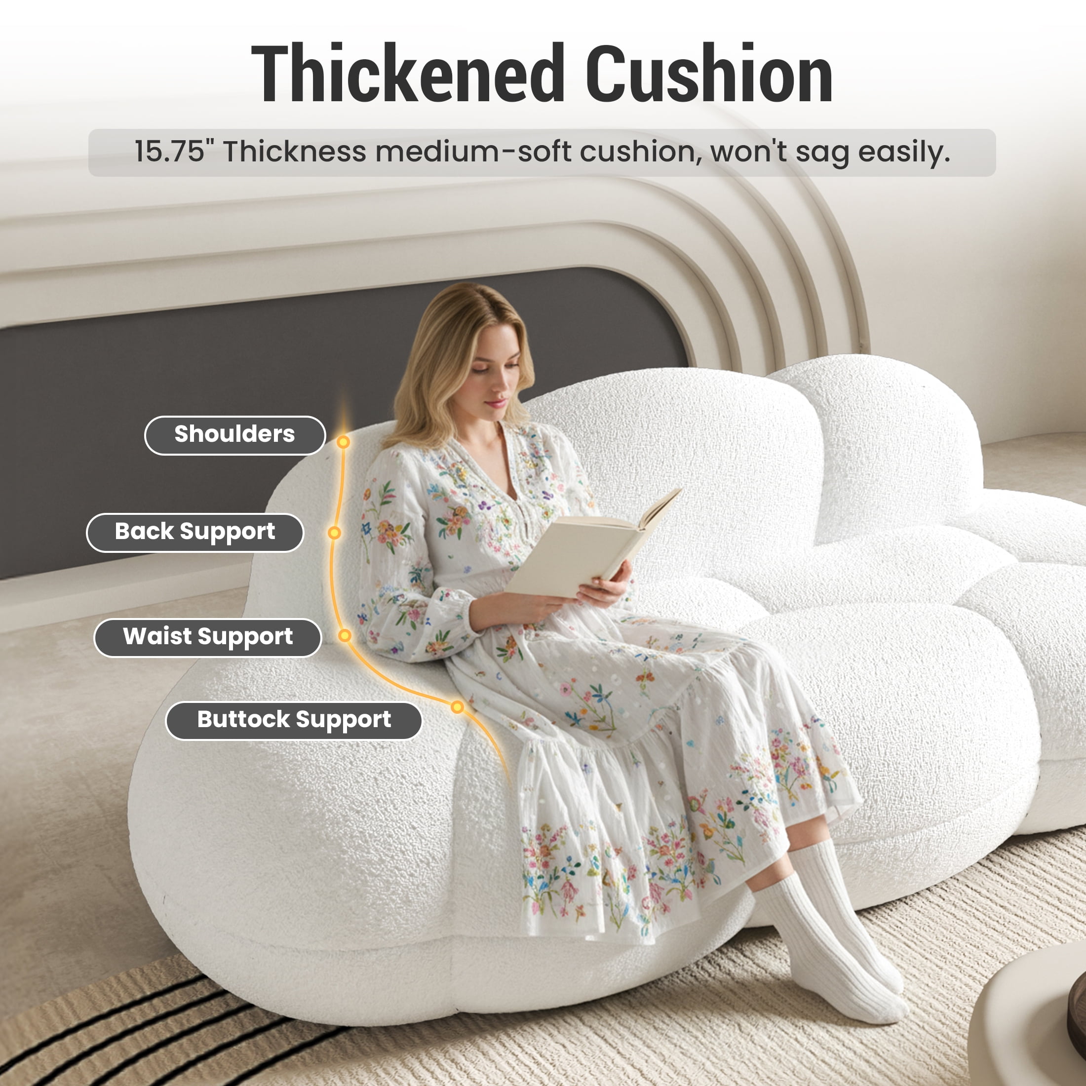 90" Modern Curved Cloud Shaped Couch for Living Room, Boucle LoveSeat 3 Seater Sofa, Upholstered Cloud Couch for Bedroom, Apartment, Small Space (White, No Assembly Required)