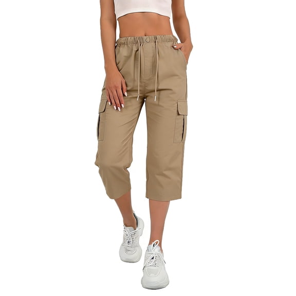 cocolona Womens Summer Casual Cargo Capri Pants Elastic Waist Drawstring Wide Leg Outdoor Hiking Cropped Pants with Pockets
