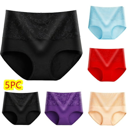 Nnhblu Seamless Underwear for Women Cotton Lace High Waist Shapewear Women Panties Black+Beige+Red+Purple+Light Blue 5 Pack Underpants