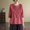 thumbnail image 6 of Homenesgenics Womens Tops under $5 Women's Casual Solid Color Vintage Cotton Linen T-shirt Embroidered Crew-Neck Tops Short Sleeve Tops/shirt Red M, 6 of 8