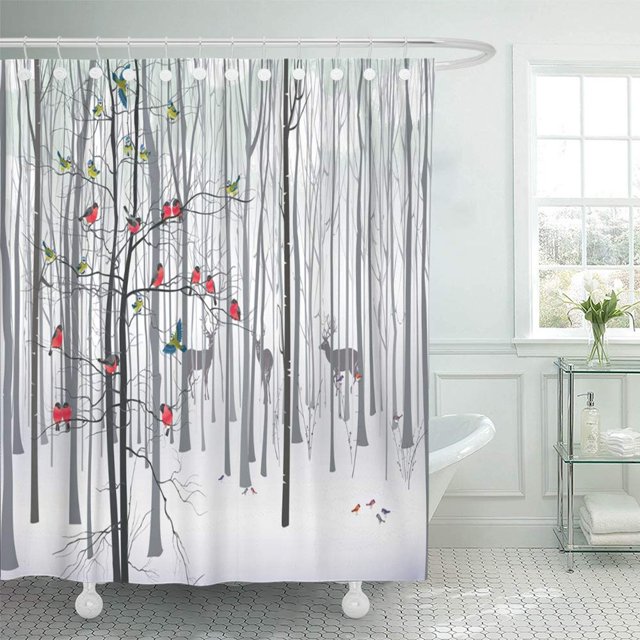 ABPHQTO Silueta roja árbol de Navidad en el bosque blanco invierno pájaro escena paisaje rama baño cortina de ducha 165x180 cm ABPHQTO PKNMT66x72Shower-8986