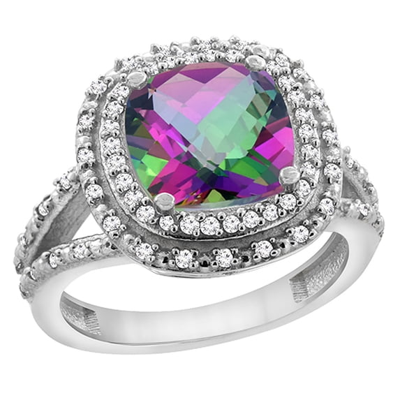 10K White Gold Natural Mystic Topaz Ring Cushion 8x8 mm with Diamond Accents, size 5.5