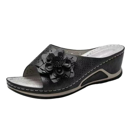 

Flower Wedges Flip For Women High Quality Summer Sandals for Beach Sandals Black 35