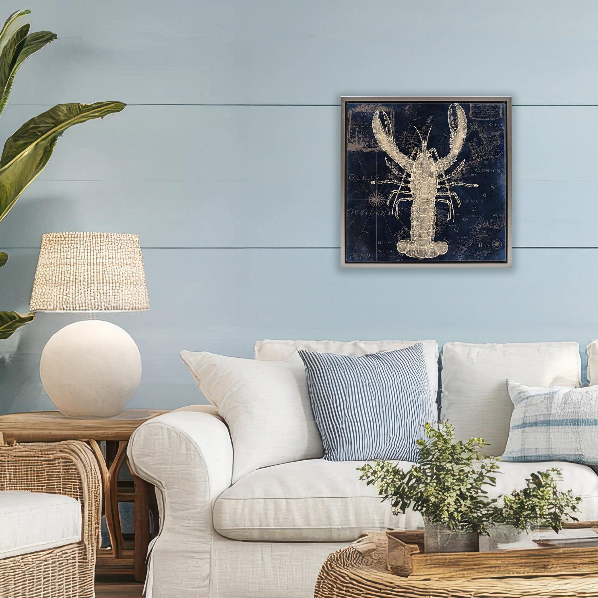Lobster Contour over Map Gray Framed Floater Canvas Wall Art, design by Sasha