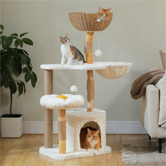 PEQULTI 48.5'' Solid Wood Cat Tree Cat Tower for Indoor Cats with Rattan Hammock&Flower Perch White