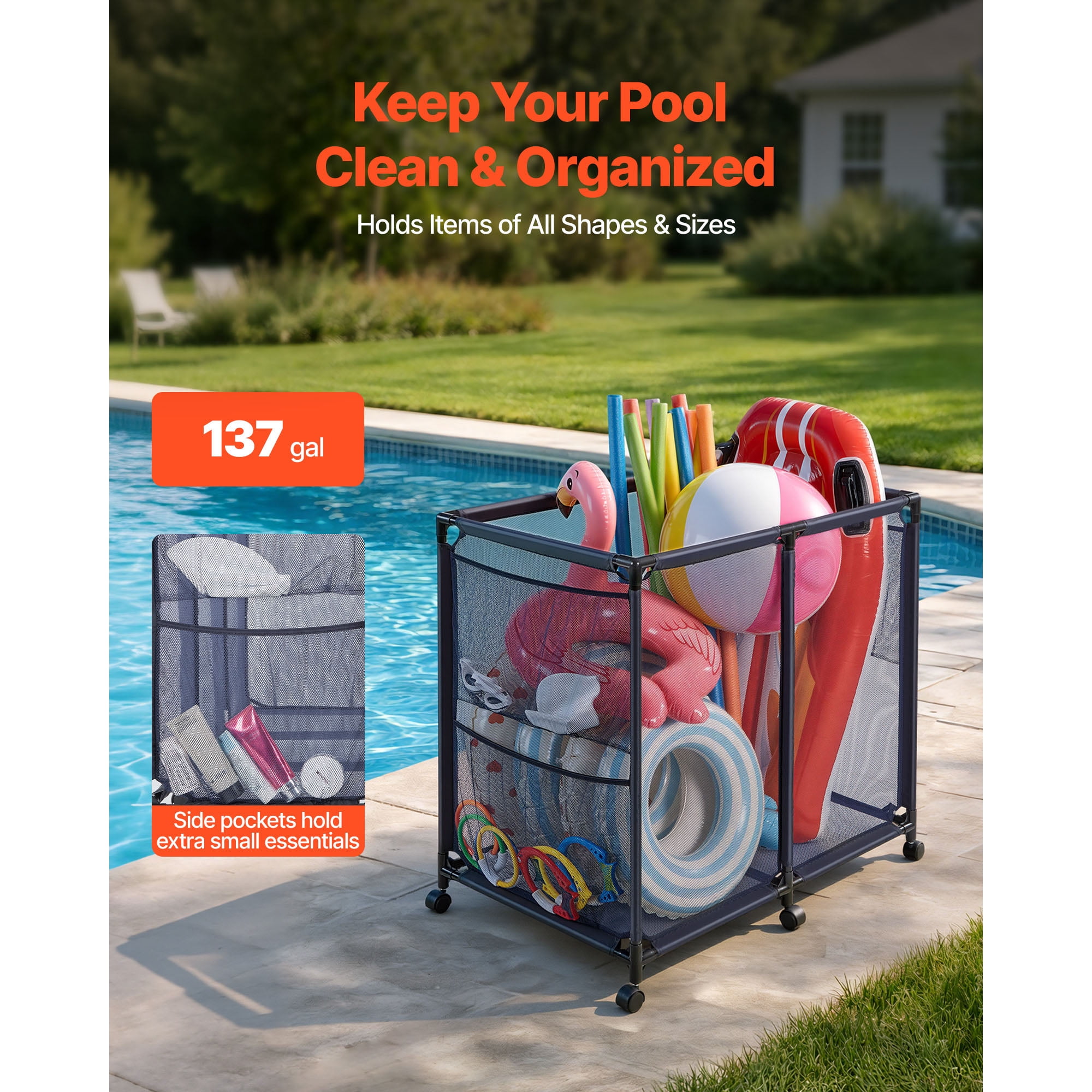 KFFKFF Pool Storage Bin, 36.8 x 24 x 35.6 in, Rolling Organizer with Side Pockets & Casters, Durable Metal Frame, Poolside Holder for Toys, Noodles, and Mesh Basket for Swimming Areas