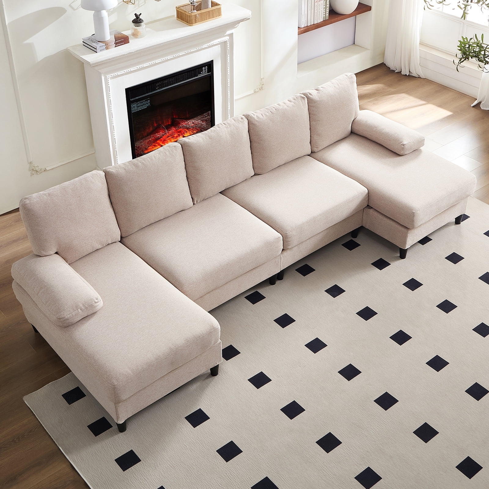 Mjkone U-Shaped Sectional Sofa, 4 Seater Sectional Couch with Chaise, Modular Sleeper Sectionals for Living Room-Beige