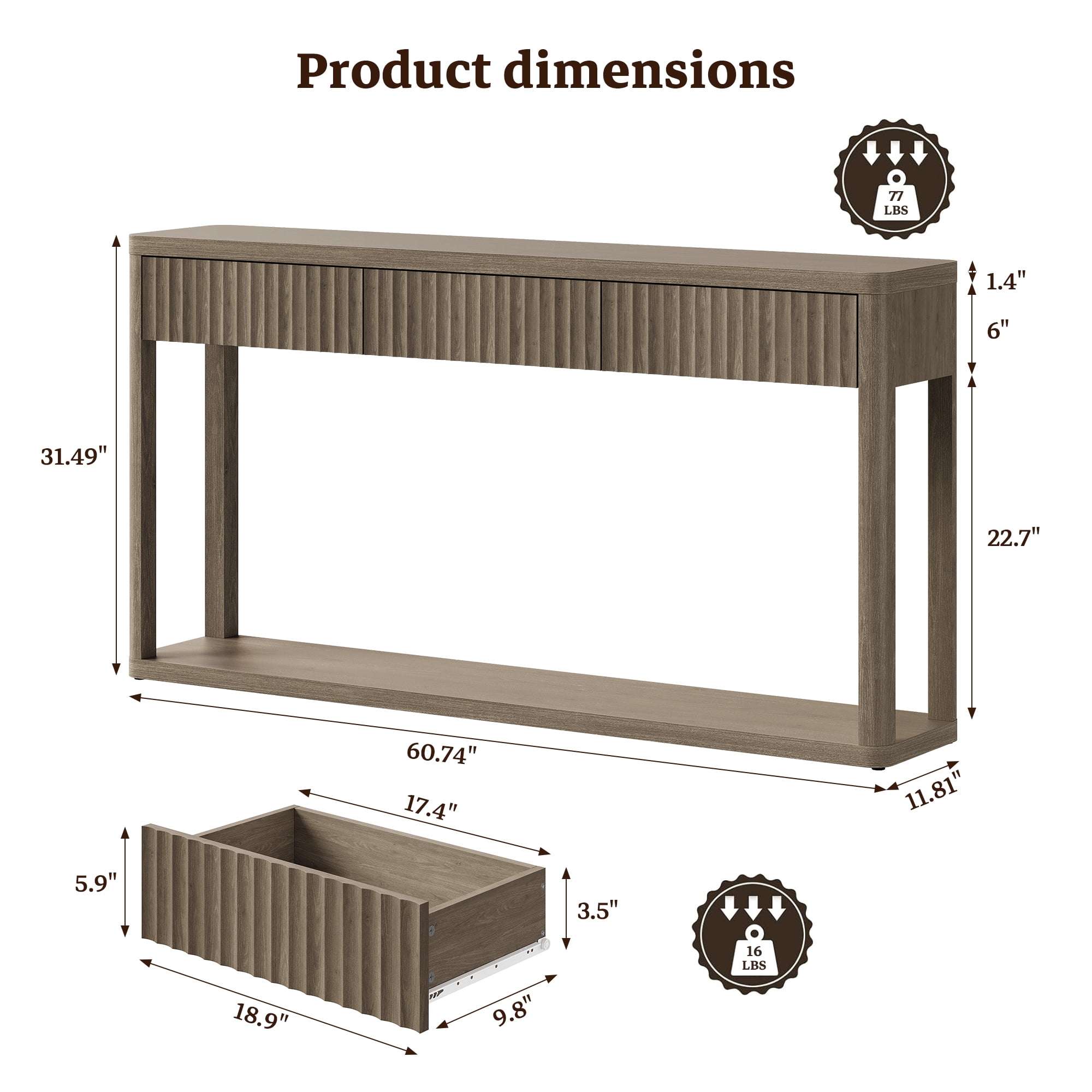SICOTAS 61 inch Long Console Table Set of 2 with 3 Large Drawers, Modern Fluted Sofa Table Behind Couch with Open Storage Shelf, Entryway Table for Living Room, Hallway, Foyer, Grey Alder