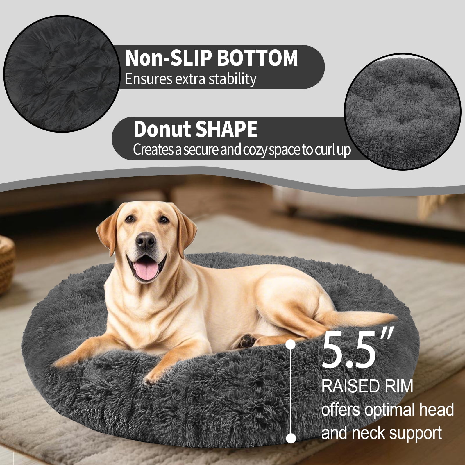 Katieovy Dog Bed for Large Dogs,Fluffy Calming Donut Dog Beds,28 inch Washable Plush Round Dog Mat with Non-Slip Bottom,Dark Gray