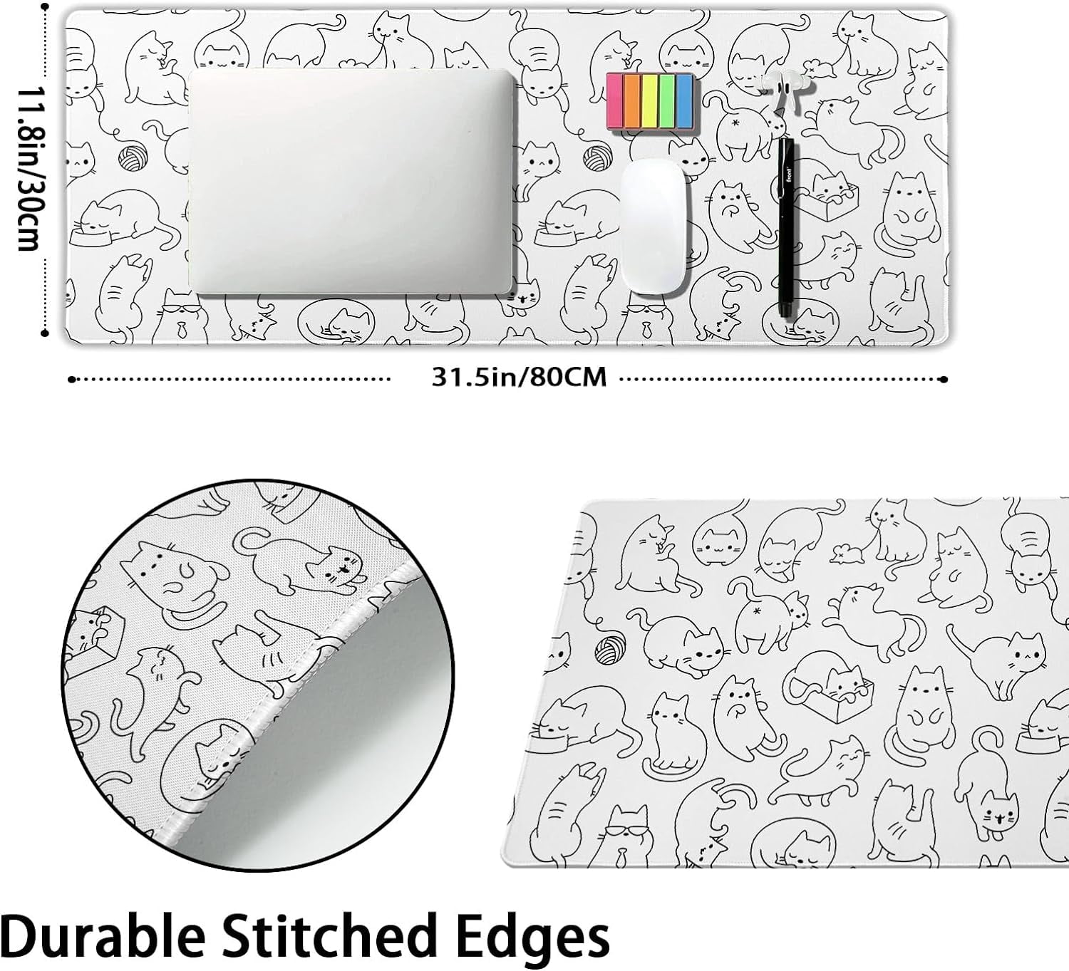 White Cute Cat Gaming Mouse Pad XL Kawaii Kittens Anime Aesthetic Extended Big Large Desk Mat Non-Slip Rubber Base Stitched Edge Long Keyboard Mousepad for PC Computer Laptop,31.5×11.8 in