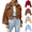 Brown, variant on Womens Cropped Corduroy Jacket Balloon Long Sleeve Button Down Casual Short Shacket Outerwear