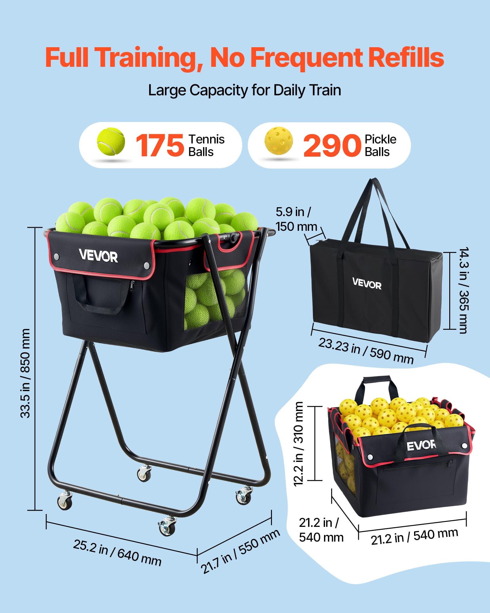 VEVOR Tennis Ball Hopper, Holds 175 Tennis Balls or 290 Pickleballs, Foldable Pickleball Basket Cart with Wheels for Easy Pick Up, Portable Baseball Cart Caddy with Storage Bag, for Training Coaching