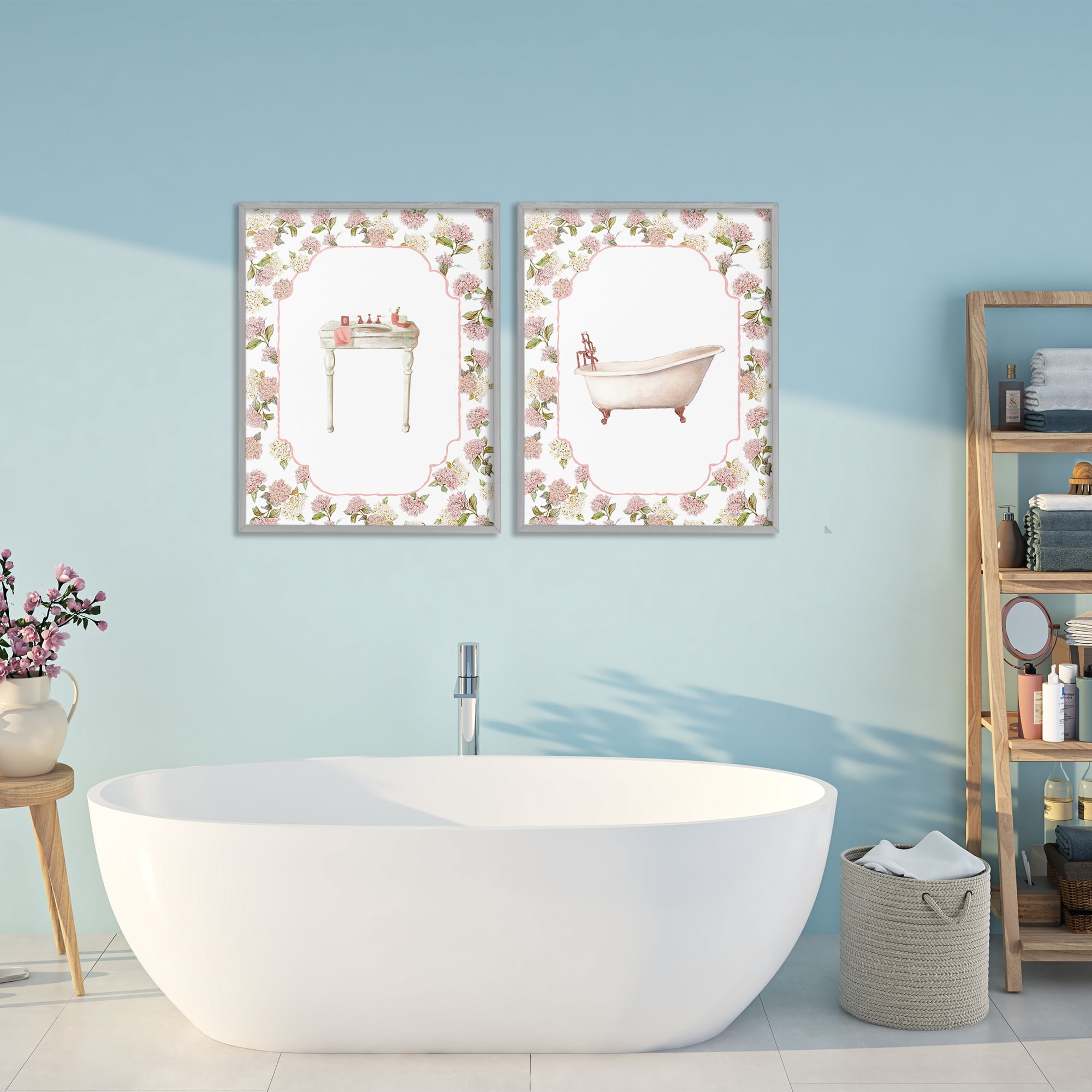 Stupell Industries Elegant Hydrangeas Bathroom 2 Piece Gray Framed Giclee Art Set, design by Carol Robinson