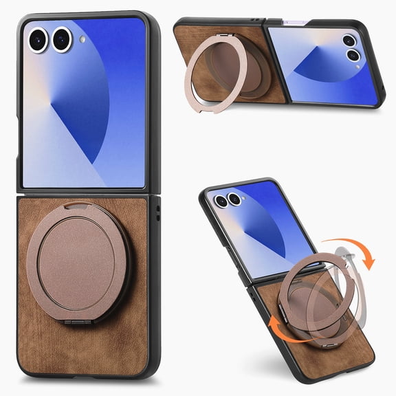 Magnetic Case for Samsung Galaxy Z Flip 7 PU Leather Case with Rotatable Ring Stand, Vintage Slim Shockproof Kickstand Support Magnetic Car Mount Protective Cover for Samsung Galaxy Z Flip 7, Brown