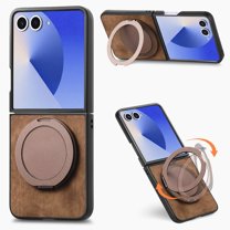 Dteck Case for Samsung Galaxy Z Flip 7 with Ring Kickstand, Shockproof PC Leather Case Ring Holder Stand Cover for Galaxy Z Flip 7,Brown