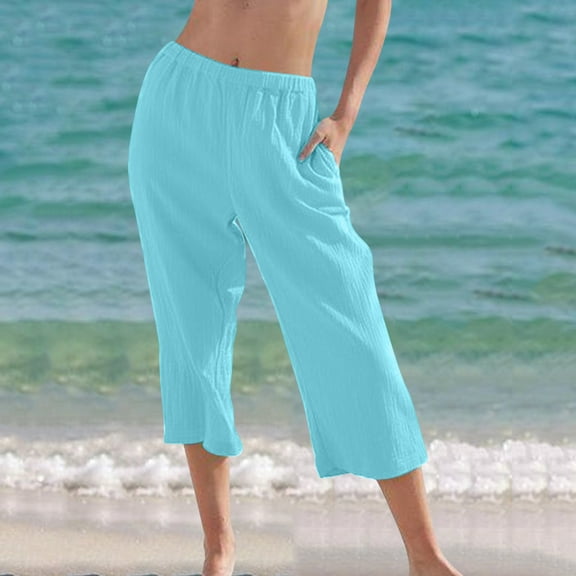 CFLVAEK Going Out Capri Pant with Pocket for Women Baggy Solid Ruched Beach Pant Flowy Fall Casual Straight Pedal Pushers Lightweight Mid Rise Wide Leg Pants