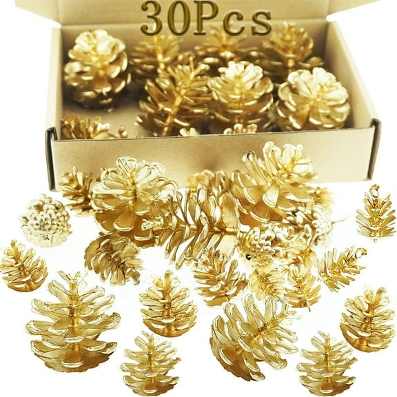 Tutuviw 30 Pcs Artificial Pine Cones Christmas Gold Pine Cones Small Pinecones Ornaments 3 Sizes Plastic Pine Cones Bulk for Crafts Christmas Tree Holiday Garland Wreath Decor