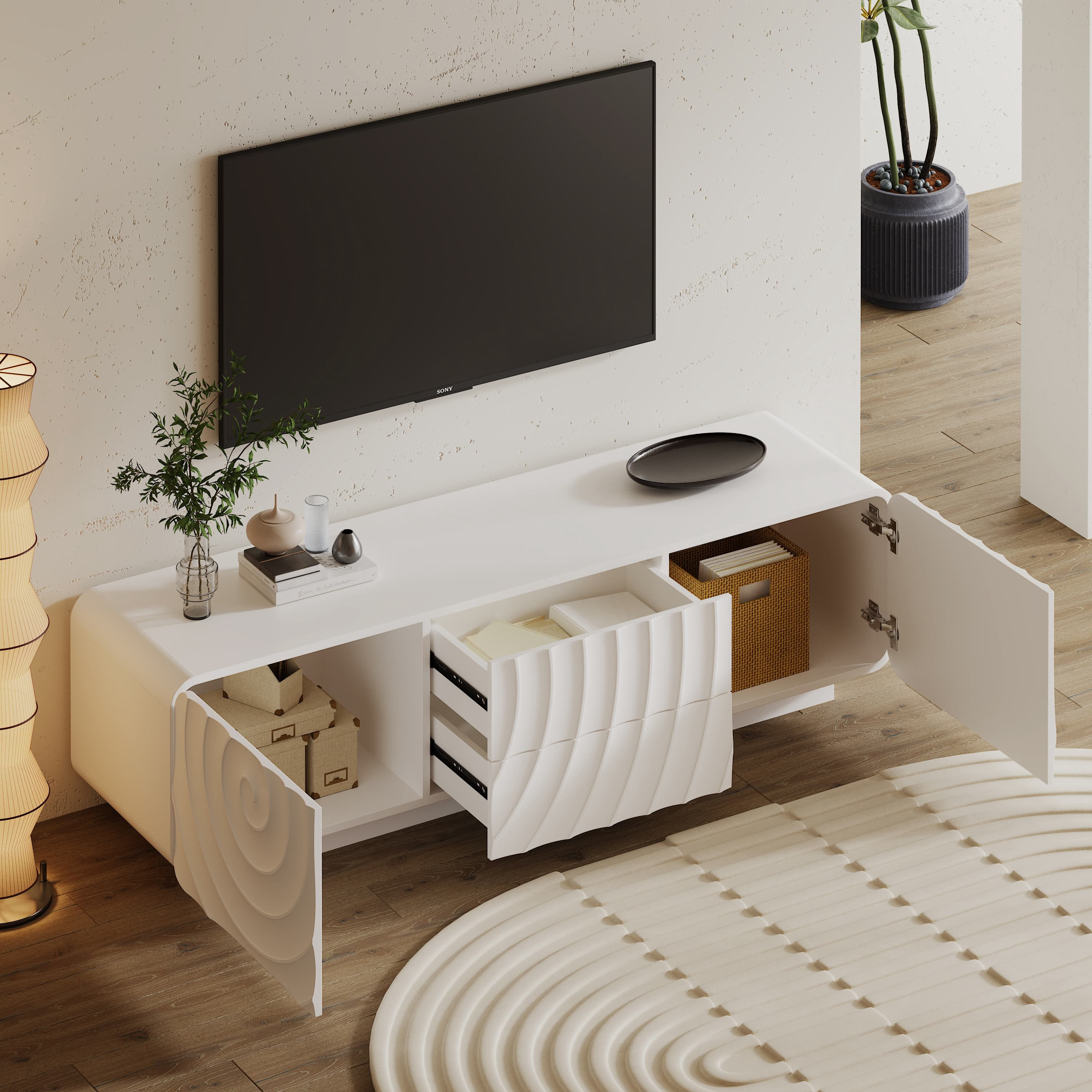 Aukfa TV Stand for TVs up to 65",Entertainment Center,3D Spiral Wave, Rounded Corners,White