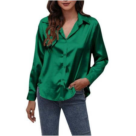 Bospose Long Sleeve Crop Top Satin Shirt Silk Shirt Green Shirt Women Fashion Turndown Collar Solid  | Walmart (US)