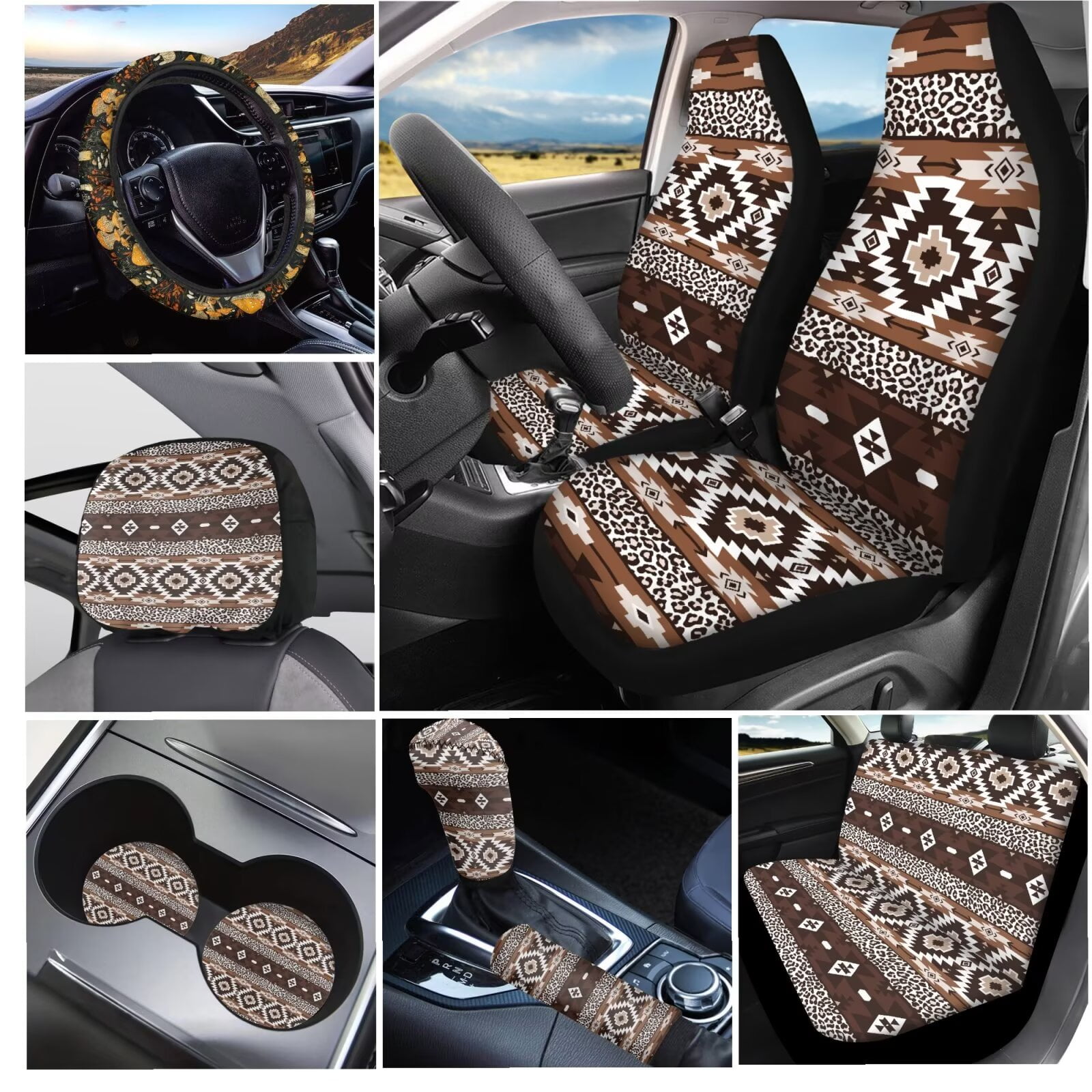 Garronmavis Aztec Style Car Accessories Set for Steering Wheel Wrap Gear Shift Cover Handbrake Sleeve Headrest Protectors Cup Coasters Super Breathable Car Seat Protector Fit for Sedan Van Truck