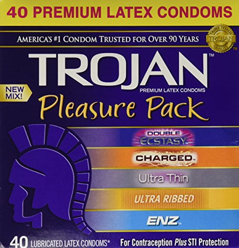 Trojan Pleasure Pack NEW MIX Premium Lubricated Latex Condoms - 40 Count Variety Pack - Double Ecstasy, Charged, Ultra Thin, Ultra Ribbed, ENZ - Brand NEW
