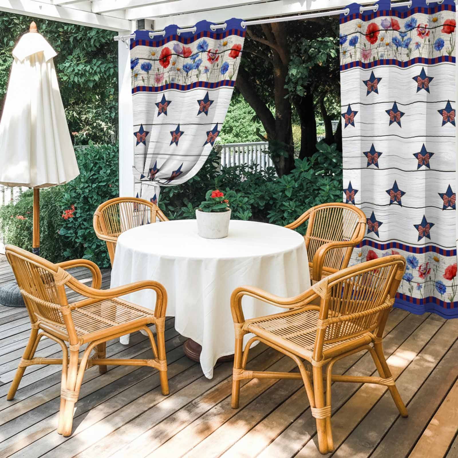 Vintage Star Outdoor Curtains for Patio, Red Blue Bow Country Stars Poppy Floral Wood Grain Sunshade Privacy Drapes Grommet Waterproof Outside Curtains for Porch/Cabana/Balcony 54"x 108", 1 Panel