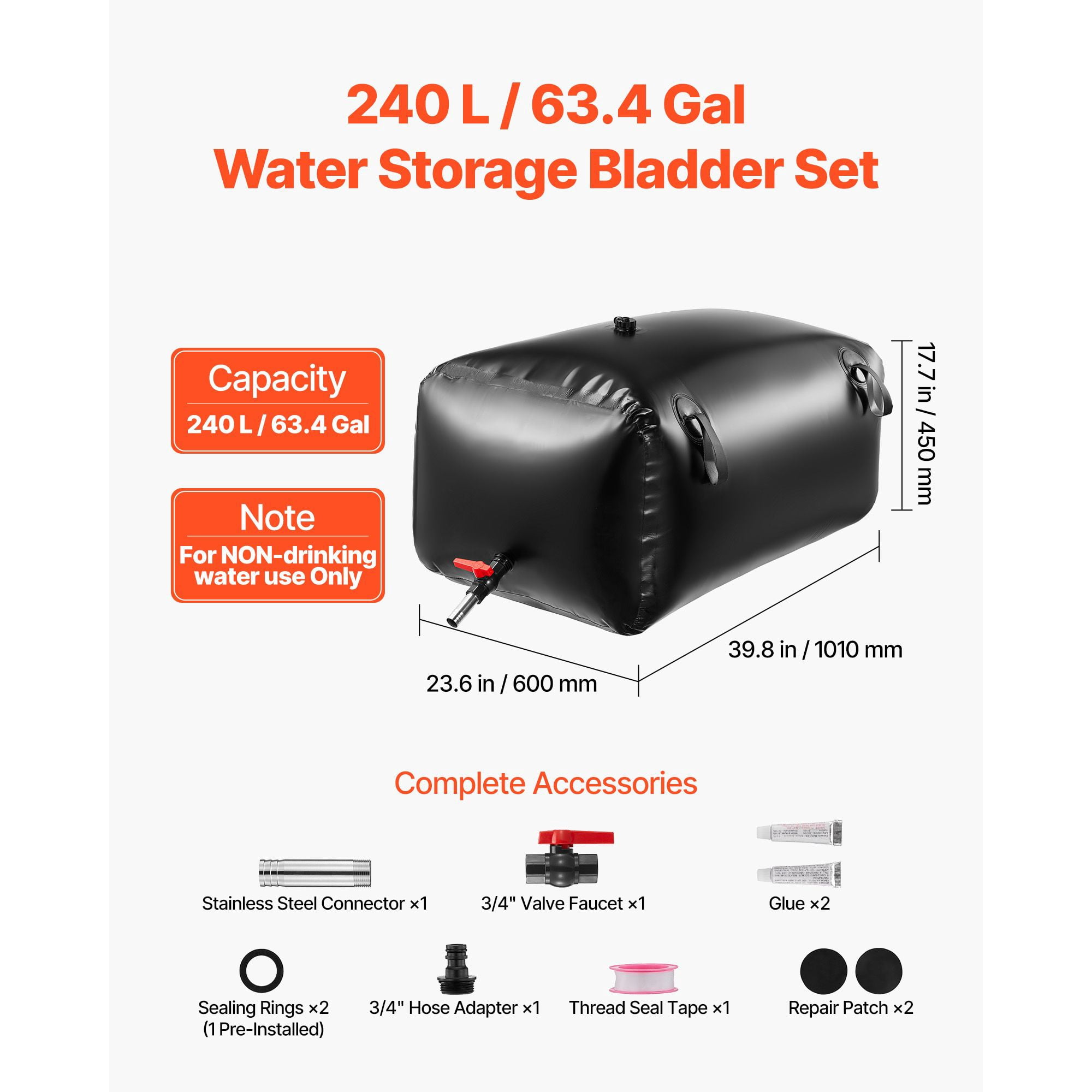 63.4 Gallon Water Storage Bladder with 1000D PVC, Collapsible, Leakproof, for Garden Irrigation RV Emergency Use
