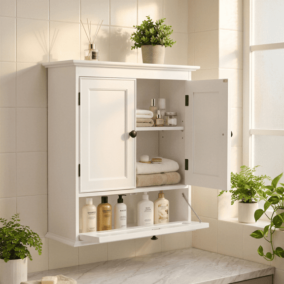PAWON Bathroom Wooden Wall Cabinet with Doors, Medicine Cabinet Organizer with Adjustable Shelf, White