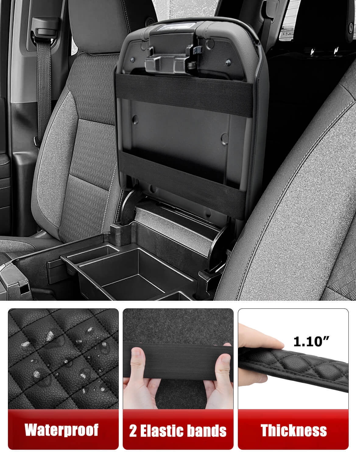 KBH Center Arm Rest Cover for Chevy Silverado GMC Sierra 2019-2026, Tahoe Suburban Yukon 2021-2026, Black Leather Middle Console Lid Armrest Cushion Pad, Bucket Seat Only