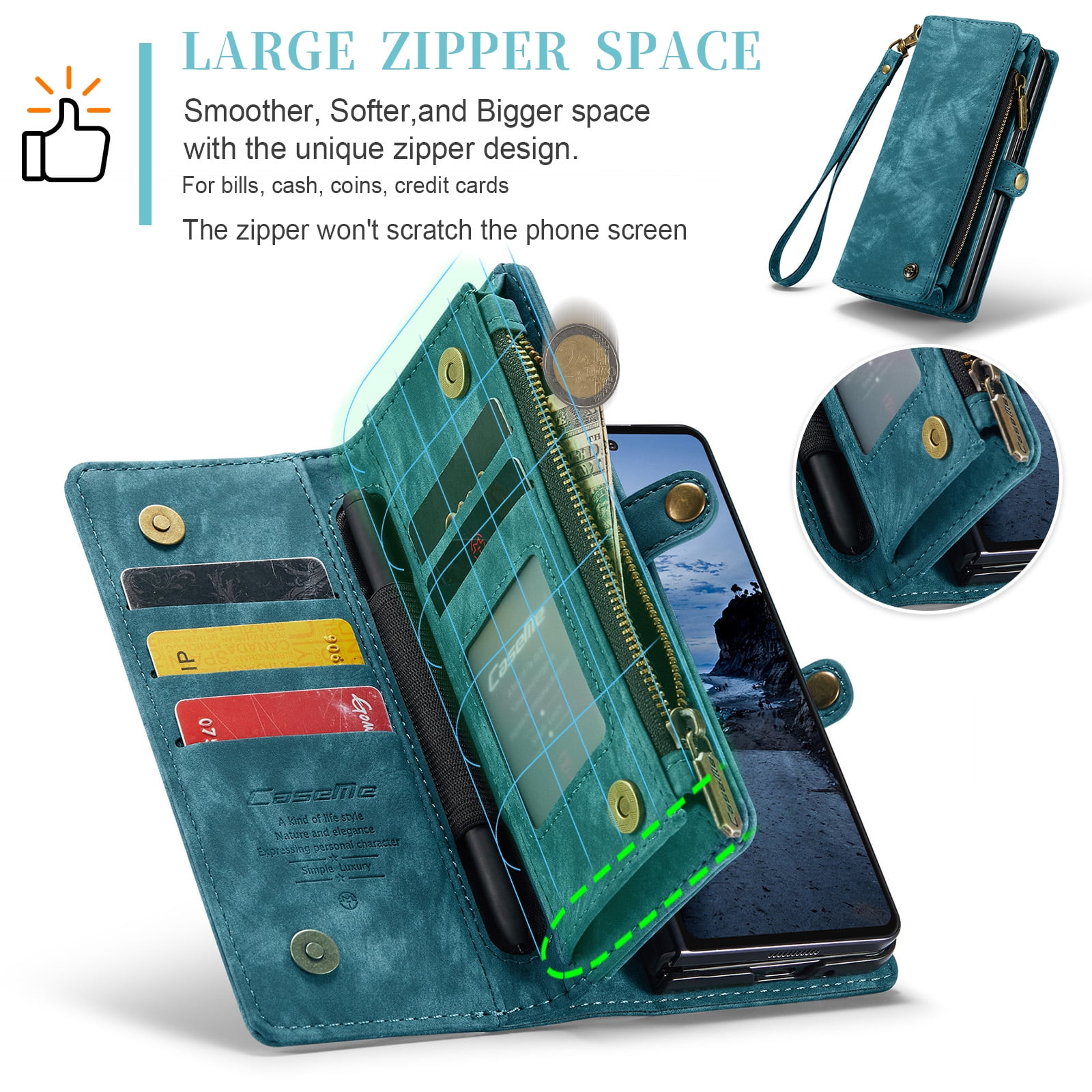 Feishell Durable 2- In-1 Magnetic Detachable Wallet Case for Samsung Galaxy Z Fold 7,for Women Men,Premium PU Leather Zipper Pocket Flip Multi Card Slots Purse Phone Case with Wrist Strap,Green