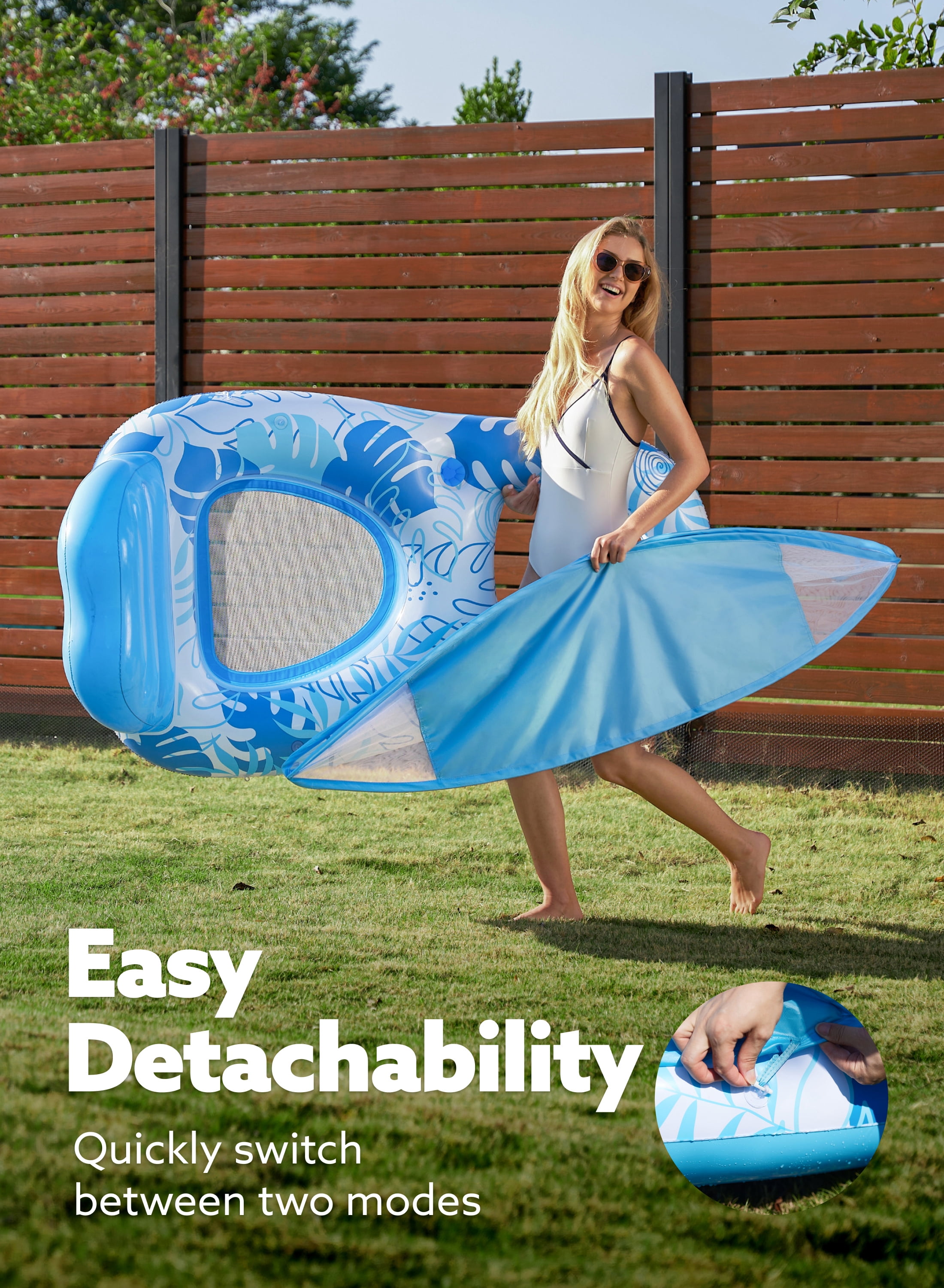 Joyfy Pool Lounge Float with Canopy for Adult, Inflatable Pool Floats Lounger Raft Floaties Water Floating Recliner Chair with Cup Holders Foot Rest Swimming Pool Floaty