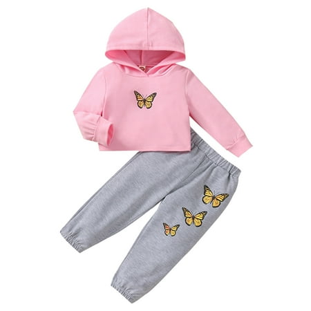 

ZMHEGW Kids Toddlers Infants Boys Girls Casual Hooded Sports Long Sleeves Crew Neck Butterflys Prints Sweatshirts Pants 2pcs Set Outfit