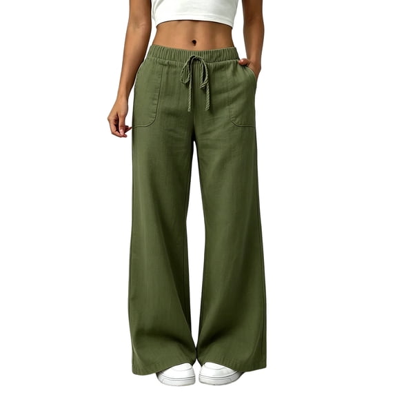 Inleife Women's Linen Blend Wide Leg Pants Drawstring Elastic Waist Relaxed Fit Straight Trousers with Front Pockets