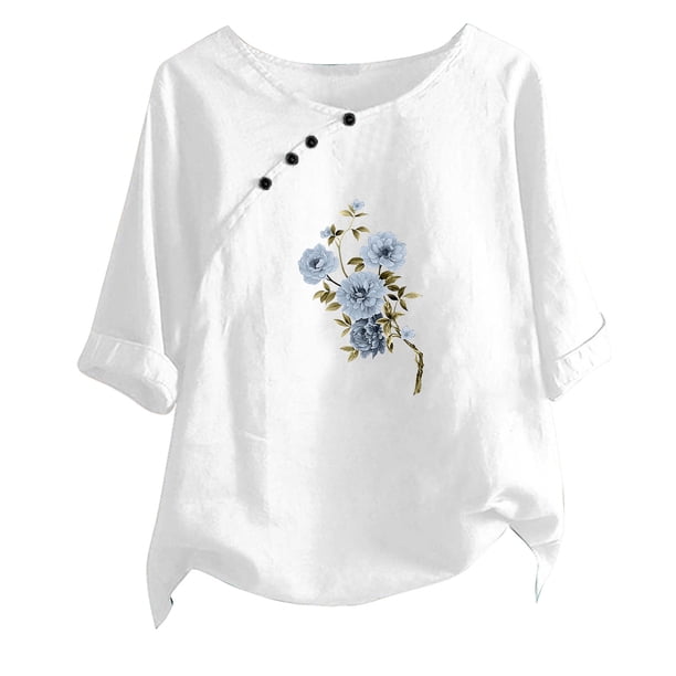 Blusas de Manga Corta para las Mujeres Impreso Cuello Redondo Camiseta, Top de Algodón de Imitación Casual para el Hogar Y Diario