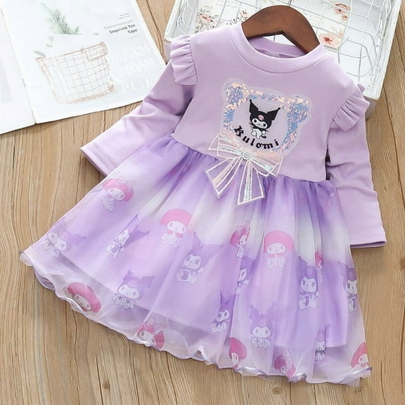 Fashion Dress Spring Autumn Mesh Cartoon Kuromi Long Sleeve Princess Dresses for Birthday Party Costume