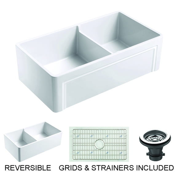 Olde London Farmhouse Fireclay 33" Double Bowl Kitchen Sink with Grid and Strainer in White