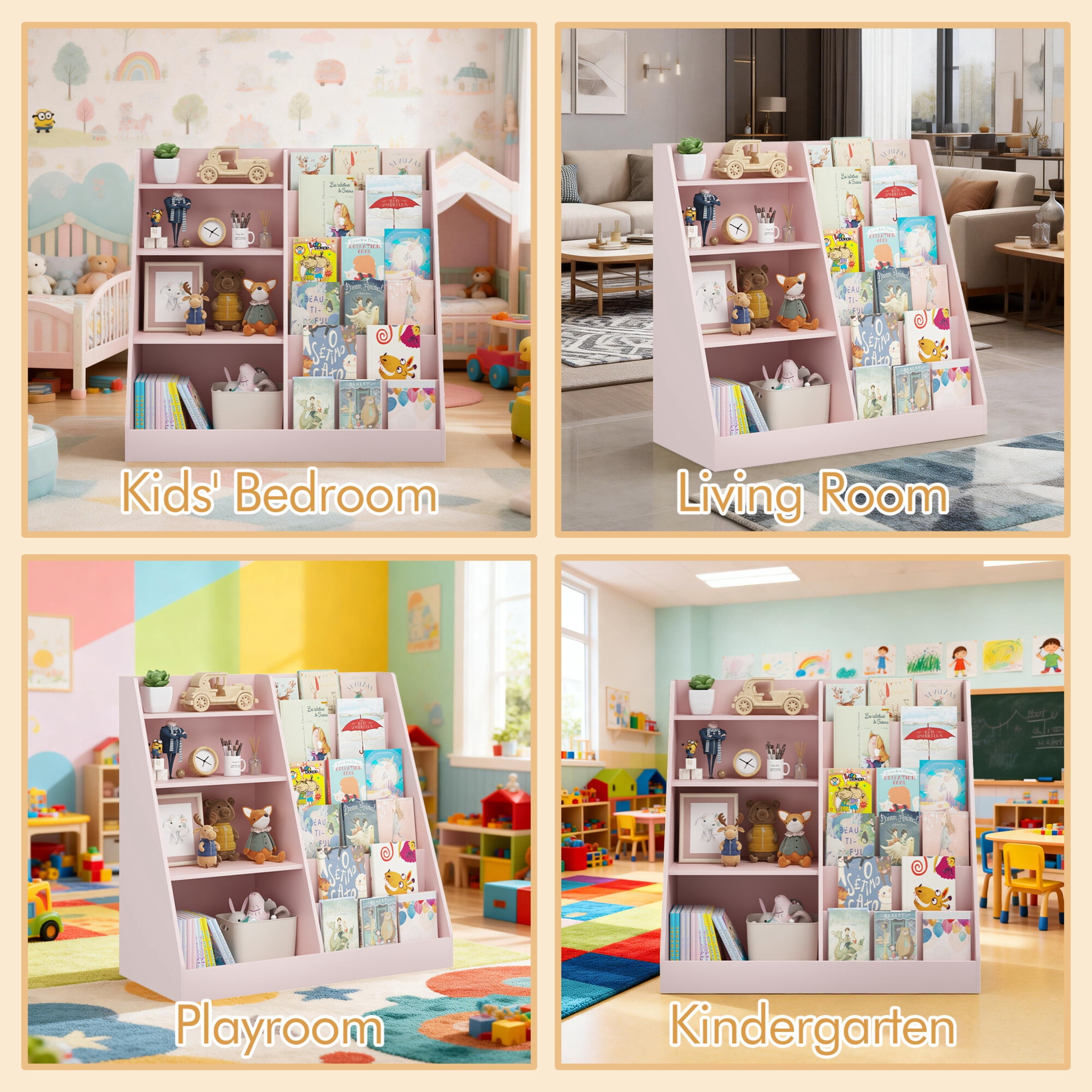Noble House Aldo 4-Tier Wooden Bookshelf, Multifunctional  Toy Storage Organizer in Kids Room, Display Stand, Pink