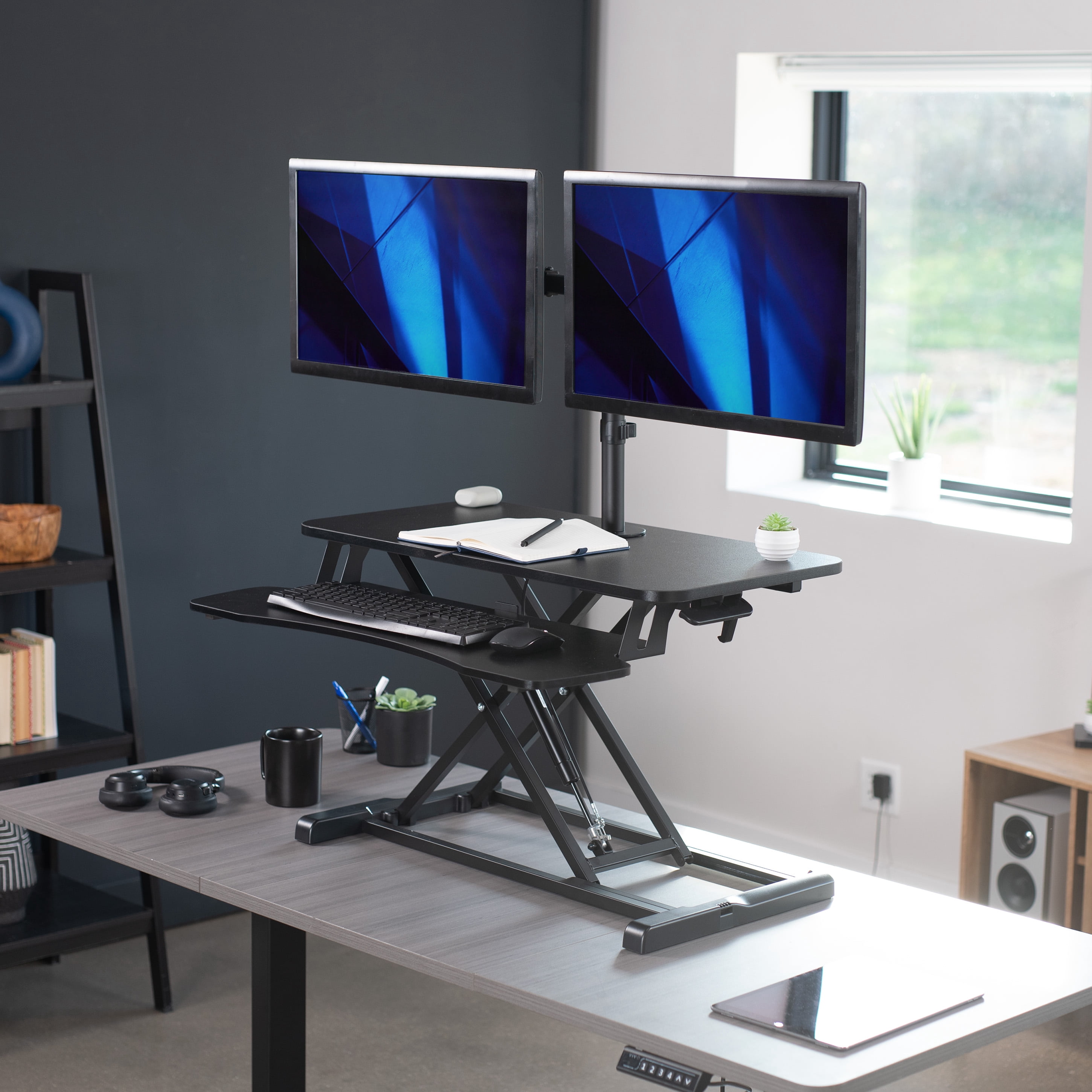 VIVO Black 32" Standing Desk Riser with Adjustable Dual 13" to 30" Monitor Mount
