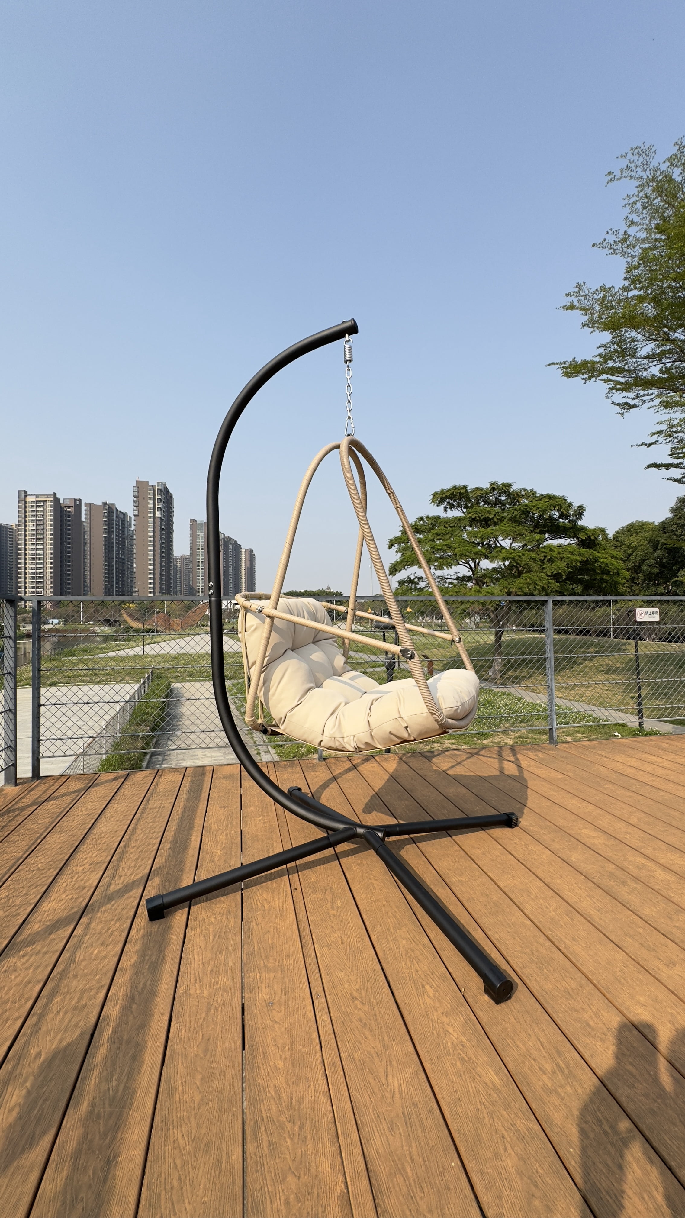 Swing Egg Chair with Stand, Wicker Rattan Hanging Chair with Cushion Pillow for Indoor Outdoor Patio Garden Balcony, Beige Brown