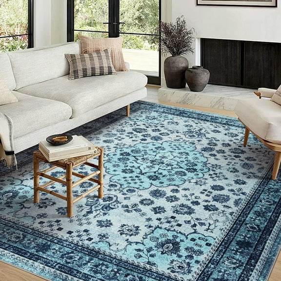 Tzou Floral Washable Area Rug 8x10ft Non Slip Low Pile Indoor Machine Washable Rug for Living Room, Bedroom, Dorm - Vintage Distressed Design