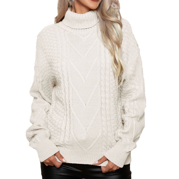 Fall Fashion Women Womens Turtleneck Sweaters Cable Knit Long Sleeve Pullover Sweater Classic Fitting Sweater Knit Sweatshirts S-99 White L