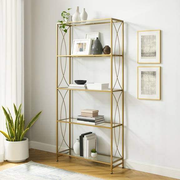 Southwestern Bookshelf with Glass Shelves - Tall Bookcase Storage, Gold Finish, 36" Wide