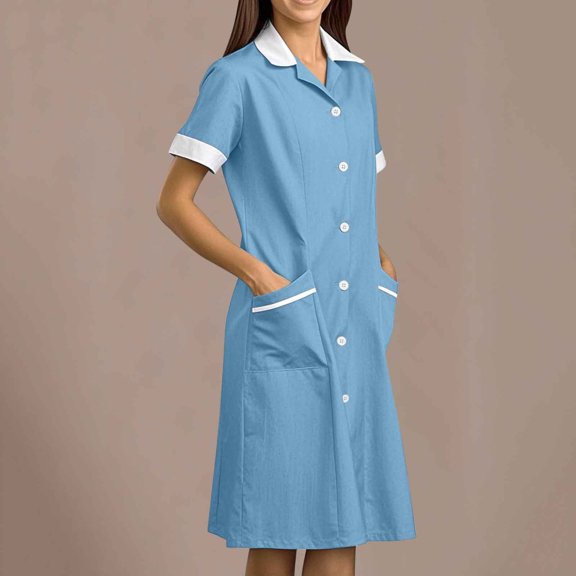 Ynynloco Women's Short Sleeve Collared Button Front Midi Dress with Pockets Professional Uniform Dress