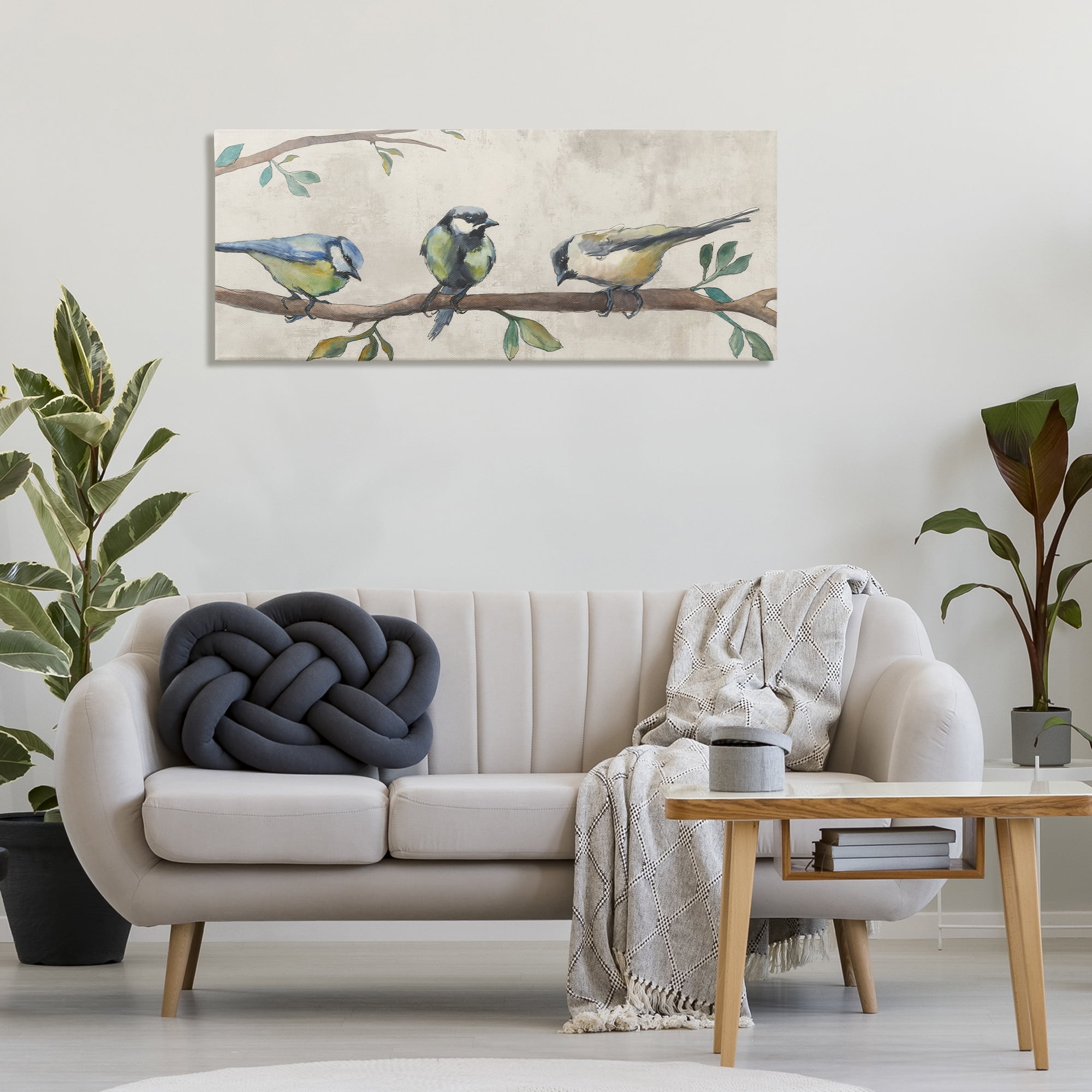 Stupell Industries Perched Songbirds on Branch Animals Painting Wrapped Canvas Art Print Wall Art, 48 x 20